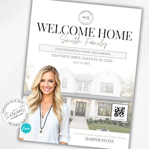 May include: A white document with the text "WELCOME HOME Smith Family" and a photo of a woman in front of a house. The document includes the address 1234 Maple Drive, Raleigh, NC 12345 and the date July 14, 2025. The document is a real estate template.