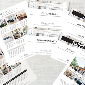 May include: A set of printable real estate listing flyers featuring a home with a modern exterior. The flyers highlight features like heated floors, custom cabinets, and a backyard. The flyers include the realtor's name, phone number, and email address. The text on the flyers reads "Home Features", "Heated Floors", "Custom Cabinets", "Open House", and "1234 Main St. Raleigh, NC 23456".