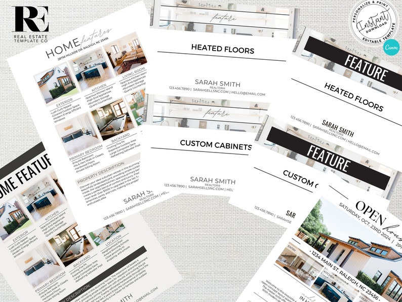 May include: A set of printable real estate listing flyers featuring a home with a modern exterior. The flyers highlight features like heated floors, custom cabinets, and a backyard. The flyers include the realtor's name, phone number, and email address. The text on the flyers reads "Home Features", "Heated Floors", "Custom Cabinets", "Open House", and "1234 Main St. Raleigh, NC 23456".
