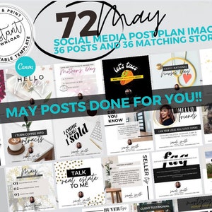 May include: A collage of 72 social media post plan images for real estate agents. The images are organized into a grid and feature a variety of topics, including buyer tips, seller tips, and market updates. The images are designed to be used on Instagram, Facebook, and other social media platforms.