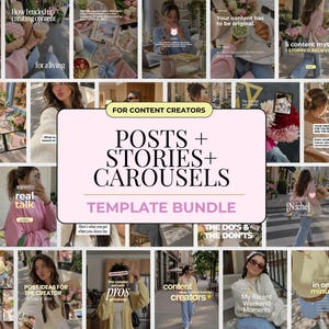 May include: A digital template bundle for content creators featuring a central light pink rectangular graphic with the text FOR CONTENT CREATORS POSTS + STORIES + CAROUSELS TEMPLATE BUNDLE surrounded by a collage of social media post designs.