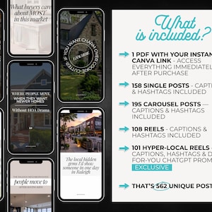 May include: A digital product advertisement featuring several smartphone mockups displaying real estate social media content. The image includes text such as "What is included?" and details about posts, captions, and hashtags.