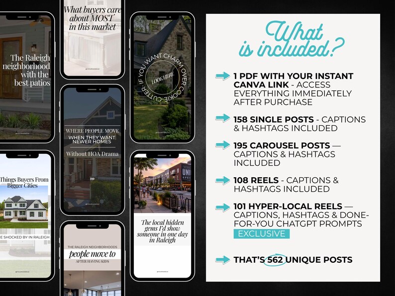 May include: A digital product advertisement featuring several smartphone mockups displaying real estate social media content. The image includes text such as "What is included?" and details about posts, captions, and hashtags.