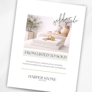 May include: A white document titled "seller guide" with the text "FROM LISTED TO SOLD." The document includes a photo of keys and a house-shaped keychain on a stack of books. The document also includes the text "Everything you need to price correctly, market strategically, and sell with confidence." The document is branded with the name "HARPER STONE REALTOR."