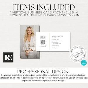 May include: Business card template with a vertical and horizontal design. The vertical card features a photo of a woman in a white blazer. The horizontal card displays contact information and a QR code. The design includes the text "HARPER STONE".