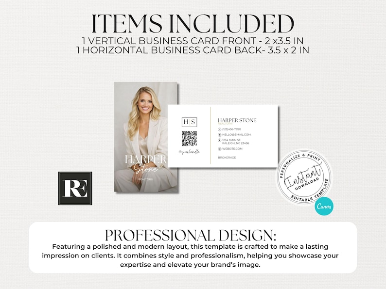 May include: Business card template with a vertical and horizontal design. The vertical card features a photo of a woman in a white blazer. The horizontal card displays contact information and a QR code. The design includes the text "HARPER STONE".