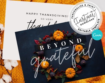 May include: Thanksgiving greeting card with a dark blue background and a wreath of fall leaves, berries, and pumpkins. The text "Beyond grateful" is written in white script.