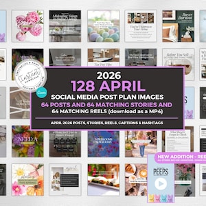 May include: A collection of social media post plan images for April 2026, featuring 64 posts, 64 matching stories, and 64 reels. The images include various themes and designs, with text overlays and graphics. The product is available as a downloadable MP4.
