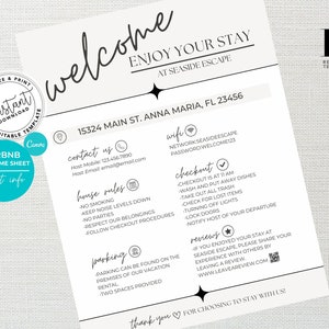Airbnb Welcome Sign, Welcome Sign Template, Editable Printable for Vacation Rentals, House Rules, WiFi Info Sheet, Guest Arrival, VRBO Sign