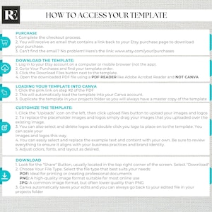 May include: A guide titled "HOW TO ACCESS YOUR TEMPLATE" with instructions for purchasing, downloading, loading into Canva, customizing, and downloading. The guide uses a teal and white color scheme with icons and numbered steps.