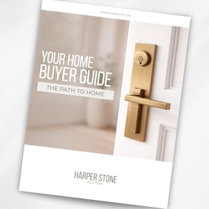May include: A brochure titled "Your Home Buyer Guide" with the tagline "The Path to Home." The brochure features a gold-colored door handle and lock on a white door. The bottom of the brochure displays the name "Harper Stone Realtors."