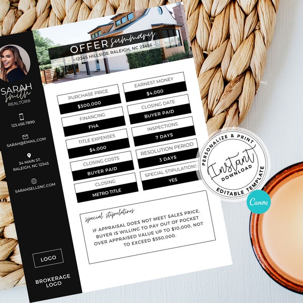 Real Estate Offer Summary Sheet, Real Estate Marketing, Real Estate Offer Presentation, Realtor Tools, Canva, Instant Download, Template