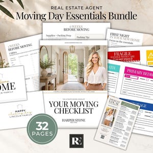 Può includere: Una raccolta di documenti stampati intitolata Real Estate Agent Moving Day Essentials Bundle, che include liste di controllo, etichette per traslochi e biglietti di benvenuto. Le pagine contengono testi come 6 Weeks Before Moving e Your Moving Checklist.