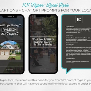 May include: A promotional image showcasing a guide for creating hyper-local reels. Two smartphones display text and images about Raleigh, NC. A speech bubble provides caption prompts and hashtags. The text includes "101 Hyper-Local Reels" and "ChatGPT prompts."