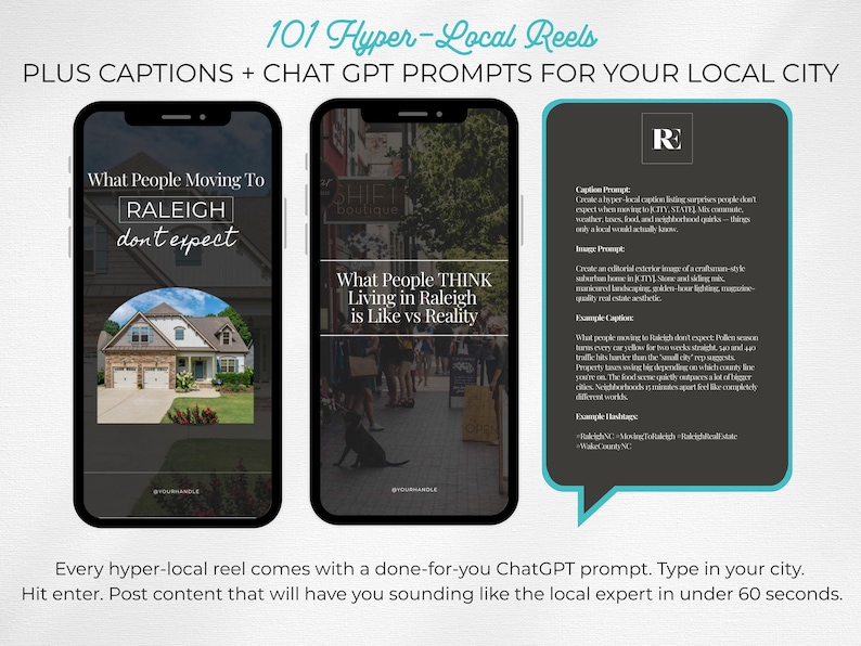 May include: A promotional image showcasing a guide for creating hyper-local reels. Two smartphones display text and images about Raleigh, NC. A speech bubble provides caption prompts and hashtags. The text includes "101 Hyper-Local Reels" and "ChatGPT prompts."