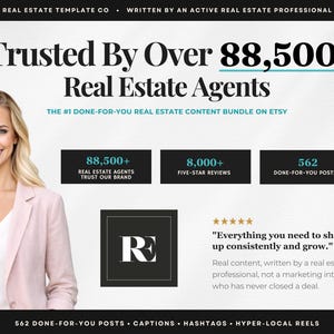 May include: A promotional image for real estate content. The image features a smiling woman in a pink blazer, with text that reads "Trusted By Over 88,500+ Real Estate Agents." Additional text includes "The #1 Done-For-You Real Estate Content Bundle on Etsy."