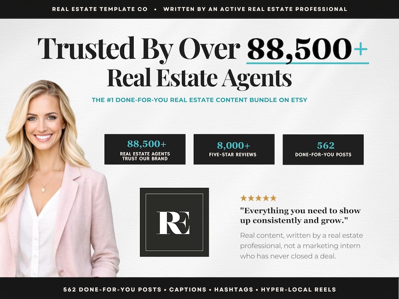 May include: A promotional image for real estate content. The image features a smiling woman in a pink blazer, with text that reads "Trusted By Over 88,500+ Real Estate Agents." Additional text includes "The #1 Done-For-You Real Estate Content Bundle on Etsy."