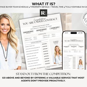 May include: A promotional image featuring a woman and a real estate document template. The document includes fields for purchase price, escrow deposit, and closing date. The text reads "YOU ARE UNDER CONTRACT" and "STAND OUT FROM THE COMPETITION".