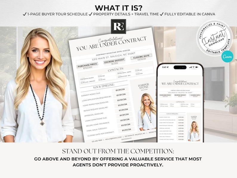 May include: A promotional image featuring a woman and a real estate document template. The document includes fields for purchase price, escrow deposit, and closing date. The text reads "YOU ARE UNDER CONTRACT" and "STAND OUT FROM THE COMPETITION".