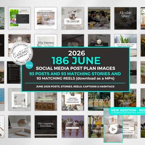 Può includere: Una raccolta di immagini per il piano di pubblicazione sui social media per giugno 2026, con 93 post, 93 storie e 93 reel. Le immagini hanno una varietà di temi, tra cui arredamento per la casa, stile di vita e immobiliare. Il testo sulle immagini include "2026 186 JUNE".