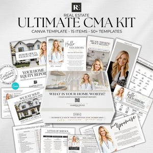 May include: A real estate marketing kit with the text "ULTIMATE CMA KIT" and "CANVA TEMPLATE". The kit includes various templates, reports, and promotional materials, all in a clean, modern design. The kit features images of a woman.