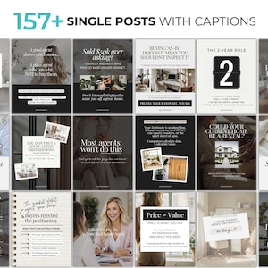 May include: A collection of social media posts with real estate advice. The posts feature text overlays with phrases like "100% Interest," "Sold $50k over asking?", and "The 2-Year Rule." The images have a clean, modern aesthetic.