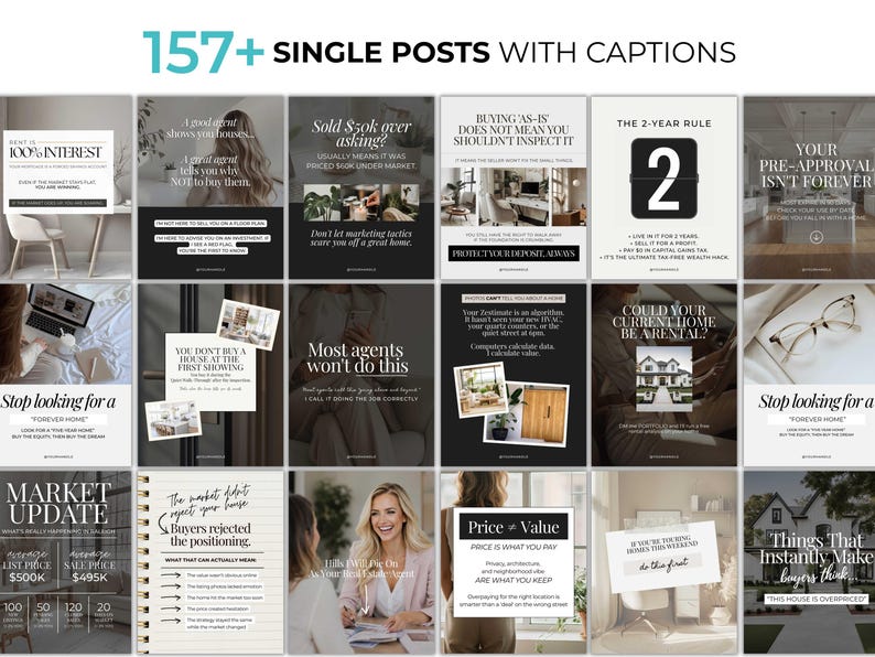 May include: A collection of social media posts with real estate advice. The posts feature text overlays with phrases like "100% Interest," "Sold $50k over asking?", and "The 2-Year Rule." The images have a clean, modern aesthetic.