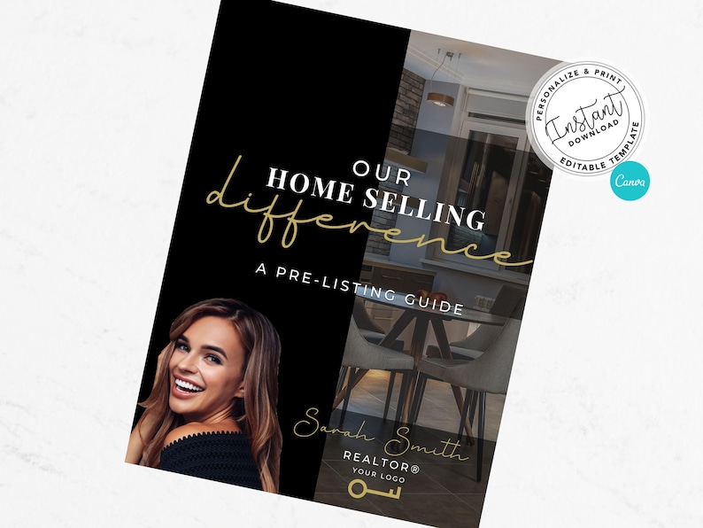 May include: A black and white pre-listing guide for home selling with the text "Our Home Selling Difference" in gold lettering. The guide features a photo of a smiling woman and a photo of a dining room with a table and chairs. The guide also includes the text "Sarah Smith REALTOR&reg;" and a key logo.