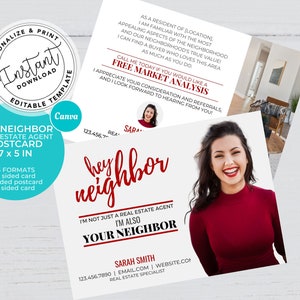 Real Estate Postcards, Red Real estate Agent Hey Neighbor Card, Agent Farming Card, Agent postcard, Real estate marketing, Canva template