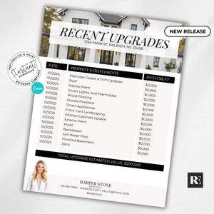 Puede incluir: Documento blanco titulado "RECENT UPGRADES" con una foto de una casa en la parte superior. El documento enumera las mejoras de la propiedad y los costos de inversión. Incluye el texto "NEW RELEASE" y "TOTAL UPGRADE ESTIMATED VALUE: $200,000".