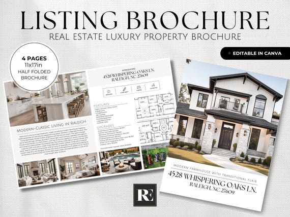 Luxury Real Estate Brochure, Real Estate Flyer, Real Estate Marketing, Half Folded Brochure, Canva Template, Open House Flyer, Listing Flyer