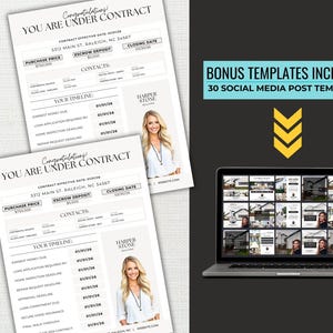 May include: Two documents with the text "YOU ARE UNDER CONTRACT" and a woman's photo. The documents include a timeline and contact information. A laptop displays social media post templates. Text reads "BONUS TEMPLATES INCLUDED! 30 SOCIAL MEDIA POST TEMPLATES".