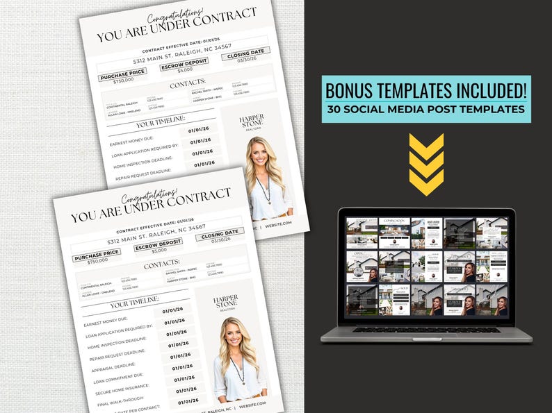 May include: Two documents with the text "YOU ARE UNDER CONTRACT" and a woman's photo. The documents include a timeline and contact information. A laptop displays social media post templates. Text reads "BONUS TEMPLATES INCLUDED! 30 SOCIAL MEDIA POST TEMPLATES".