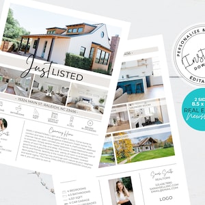 May include: A real estate newsletter template with a photo of a charming white farmhouse with a brown roof. The newsletter is 8.5 x 11 inches and is two-sided. The text on the newsletter says "Just Listed" and "Charming Home".