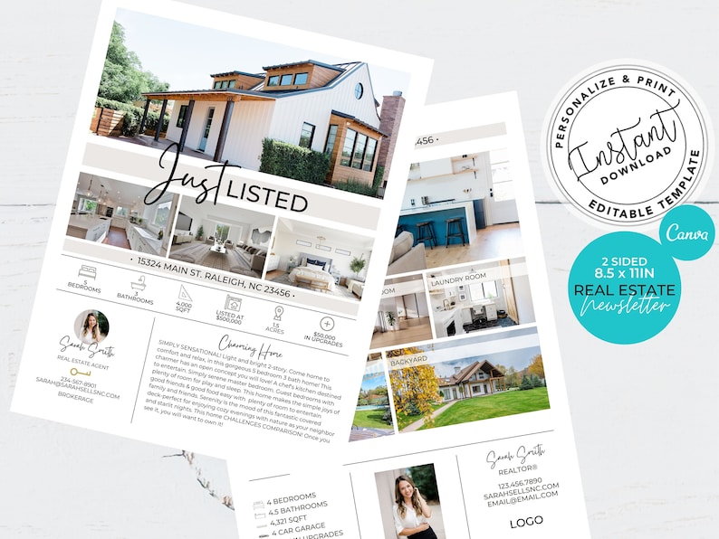 May include: A real estate newsletter template with a photo of a charming white farmhouse with a brown roof. The newsletter is 8.5 x 11 inches and is two-sided. The text on the newsletter says "Just Listed" and "Charming Home".