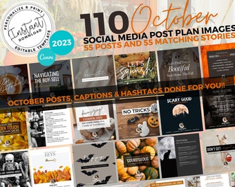 May include: A collage of 110 social media post plan images for October, featuring a mix of fall and Halloween themes. The images include pumpkins, leaves, a black cat, and a ghost. The text "110 October Social Media Post Plan Images 55 Posts and 55 Matching Stories" is at the top of the collage.