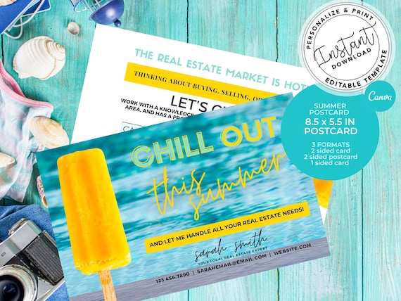 Real Estate Summer Postcard, Agent Chill Out Summer Card, Agent Farming Card, Real estate marketing, Real Estate postcard, Editable, Canva