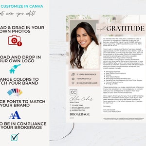 May include: A pink and white graphic with a photo of a woman and text that says "with gratitude". The text includes a message of appreciation for clients and a list of real estate services offered. The graphic also includes the realtor's name, contact information, and brokerage.