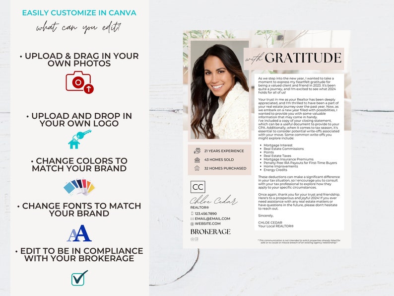 May include: A pink and white graphic with a photo of a woman and text that says "with gratitude". The text includes a message of appreciation for clients and a list of real estate services offered. The graphic also includes the realtor's name, contact information, and brokerage.