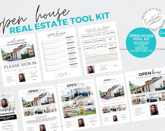 May include: A printable real estate open house toolkit with a Canva logo. The toolkit includes a welcome sign, sign-in sheet, flyer, social media post, story post, and a textable thank you. The toolkit is designed to help real estate agents host successful open houses.