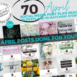 May include: A collage of 70 social media post plan images for April, featuring a mix of spring-themed designs, real estate marketing tips, and inspirational quotes. The images are designed for use on Instagram and other social media platforms. The text "APRIL POSTS DONE FOR YOU!" is prominently displayed in blue.