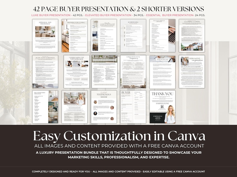 Realtor presentation bundle with three versions each for buyer and seller meetings, Luxe, Elevated, and Essential styles.