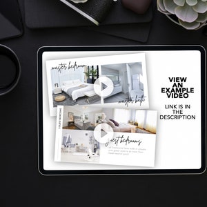 Op de afbeelding: Een tablet-scherm met voor- en na-foto's van een master bedroom en een gastenkamer. De tekst op het scherm luidt "master bedroom", "gastenkamer" en "BEKIJK EEN VOORBEELDVIDEO LINK STAAT IN DE BESCHRIJVING".
