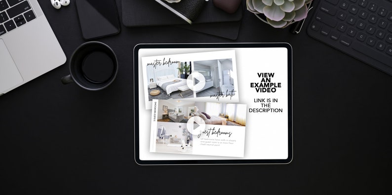 Op de afbeelding: Een tablet-scherm met voor- en na-foto's van een master bedroom en een gastenkamer. De tekst op het scherm luidt "master bedroom", "gastenkamer" en "BEKIJK EEN VOORBEELDVIDEO LINK STAAT IN DE BESCHRIJVING".