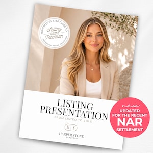 May include: A real estate listing presentation guide featuring a photo of a person in a beige blazer. The text reads: Your Step by Step Guide to Selling with Intention, Listing Presentation From Listed to Sold, Harper Stone Realtors, and New Updated for the Recent NAR Settlement.