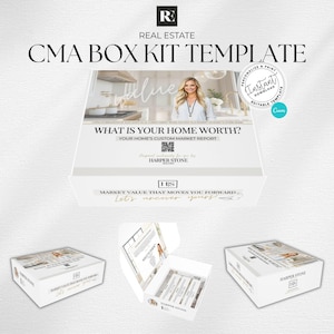 May include: White CMA Box Kit Template with text "Real Estate CMA Box Kit Template". The box features a photo of a woman and the text "What is your home worth?" and "Market value that moves you forward".