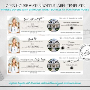 May include: A water bottle label template with a light beige background. The design includes a photo of a woman, a house illustration, and text. The text includes the phrases "Open House" and "Harper Stone".