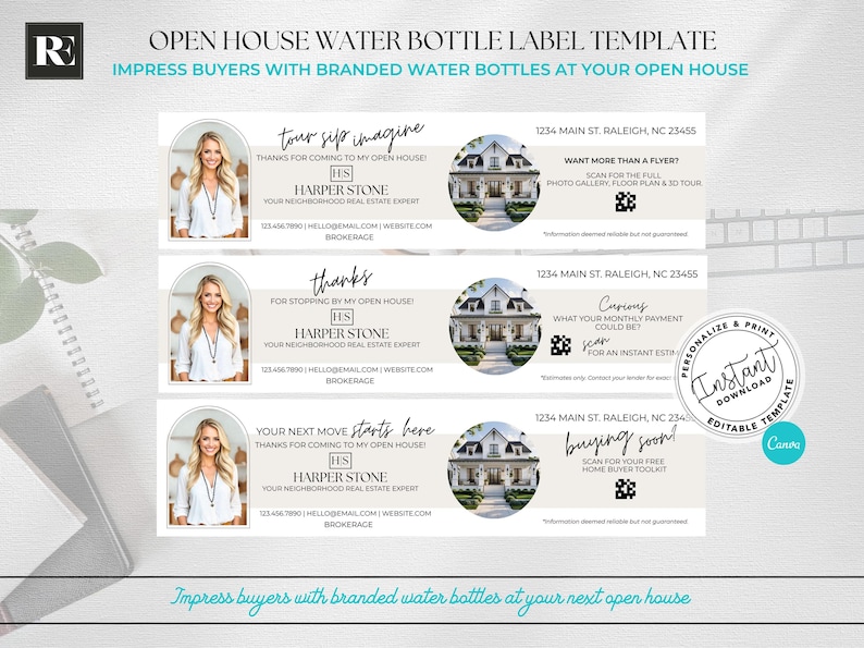 May include: A water bottle label template with a light beige background. The design includes a photo of a woman, a house illustration, and text. The text includes the phrases "Open House" and "Harper Stone".