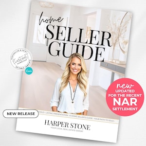 Könnte beinhalten: Ein rosa-weißer Hausverkäufer-Leitfaden mit dem Text "home seller guide" in Schwarz. Der Leitfaden zeigt eine Frau mit blonden Haaren und einem weißen Hemd. Der Text "new updated for the recent NAR settlement" befindet sich in einem rosa Kreis.