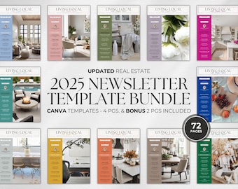 May include: A set of 2025 real estate newsletter templates for Canva. The templates feature a variety of colors and designs, including a blue template with a pool, a pink template with a living room, a green template with a kitchen, and a yellow template with a dining room. The templates are designed to help real estate agents promote their services and connect with potential clients.